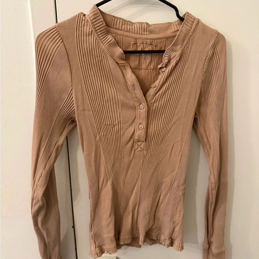 Aerie Tan Ribbed Long Sleeve Button Down Shirt